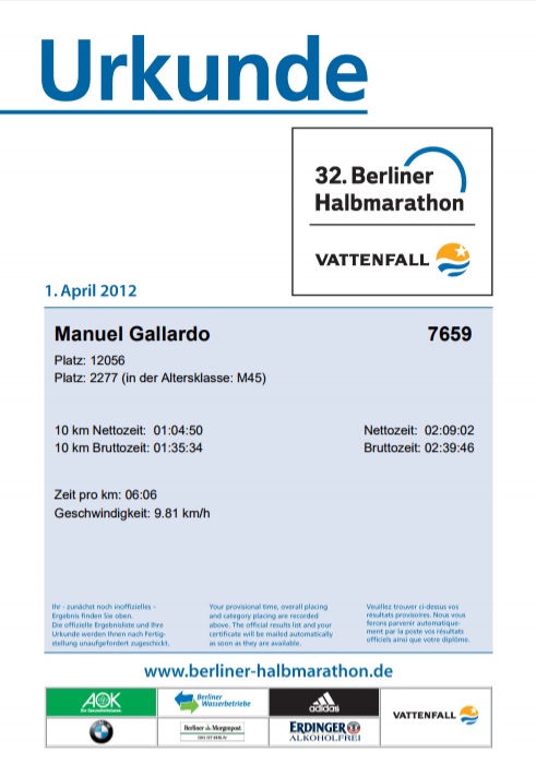 Manuel Gallardo Urkunde Halbmarathon 2012